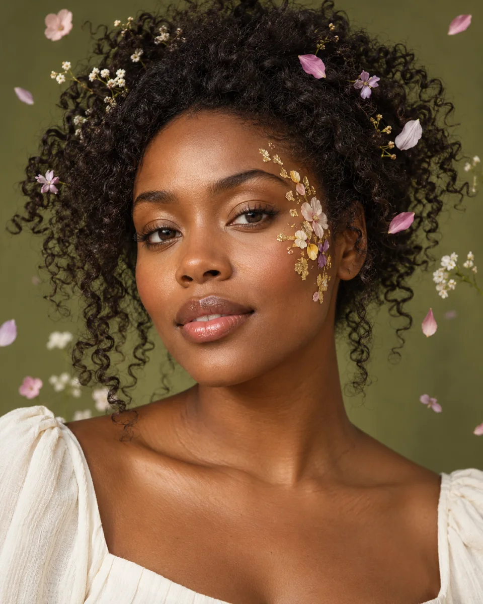 AI concept portrait of a woman with botanical face decorations and gold leaf