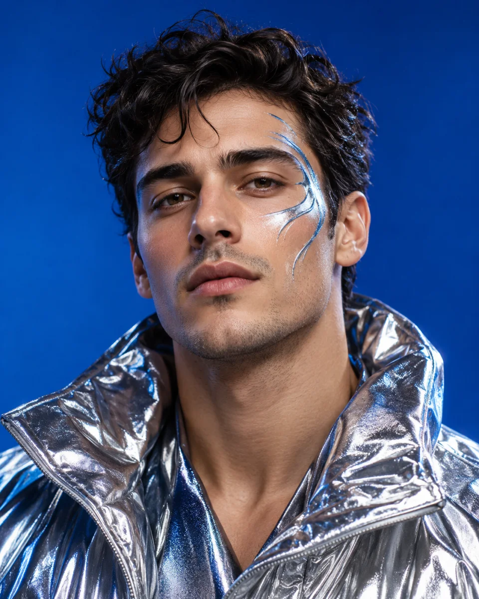AI concept portrait of a man with chrome styling and a metallic silver jacket