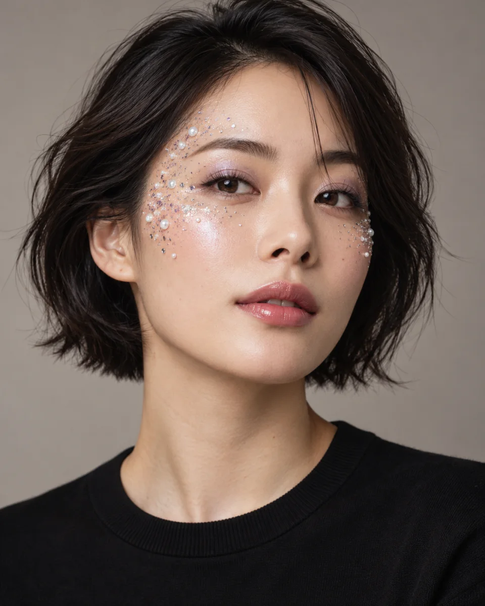 AI concept portrait of a woman with crystal decorations and pearlescent makeup