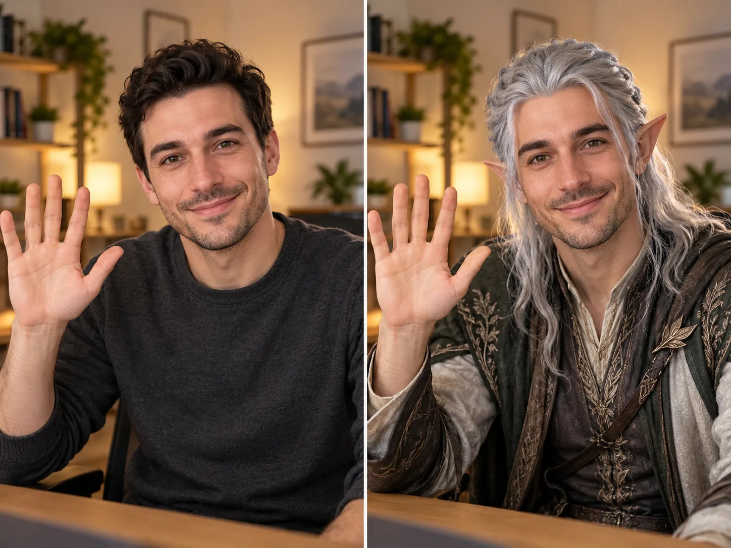 Concept illustration of a webcam portrait and a fantasy character in matching poses