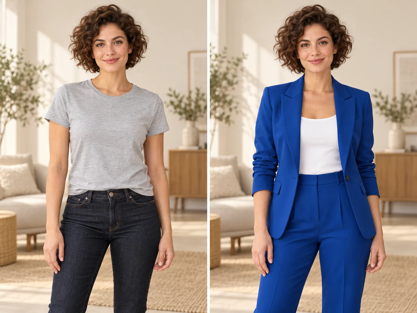 Concept illustration of the same woman in a gray T-shirt and a blue tailored suit