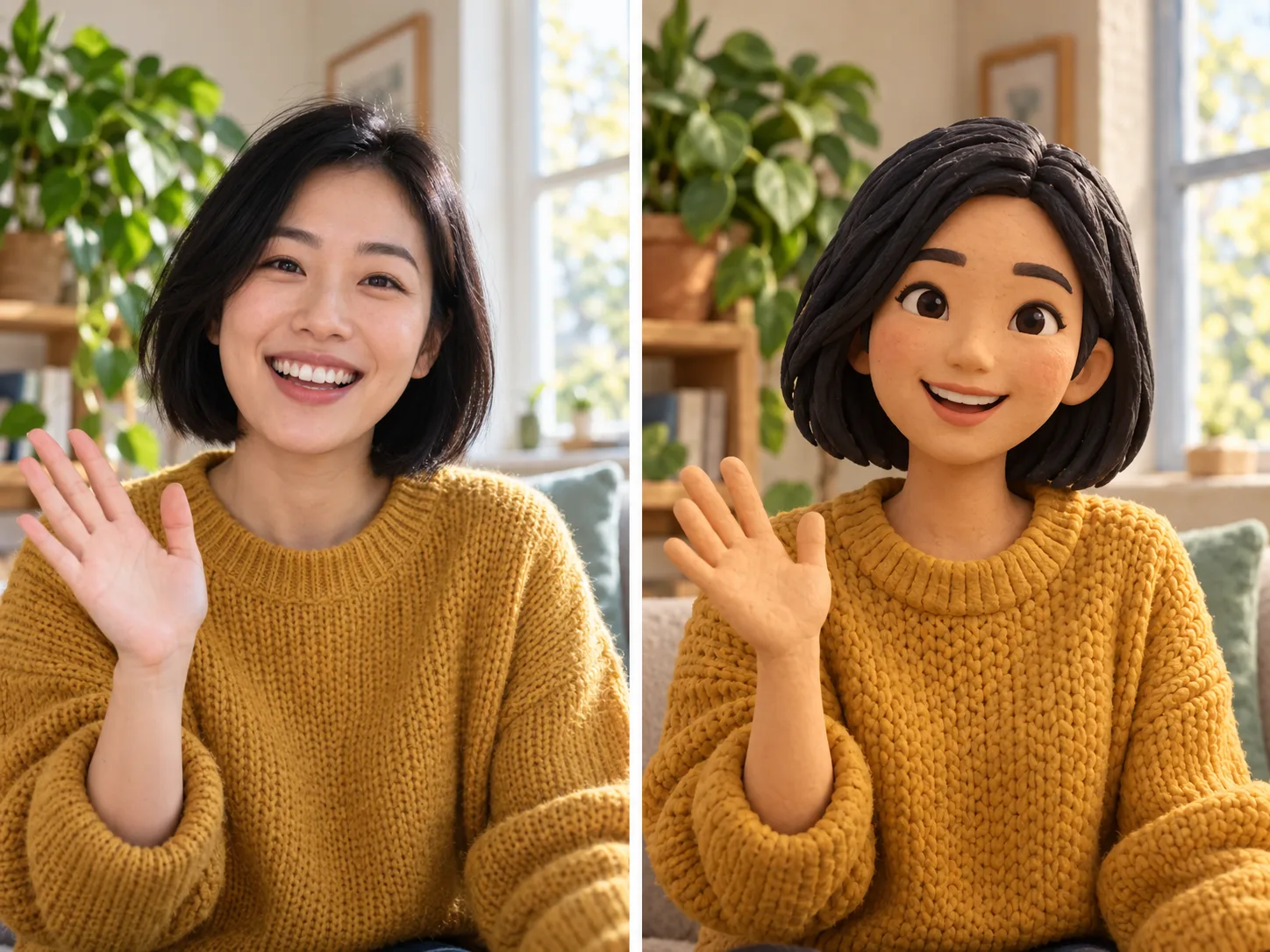 Concept illustration of a woman in a mustard sweater beside a clay animation interpretation of the same scene