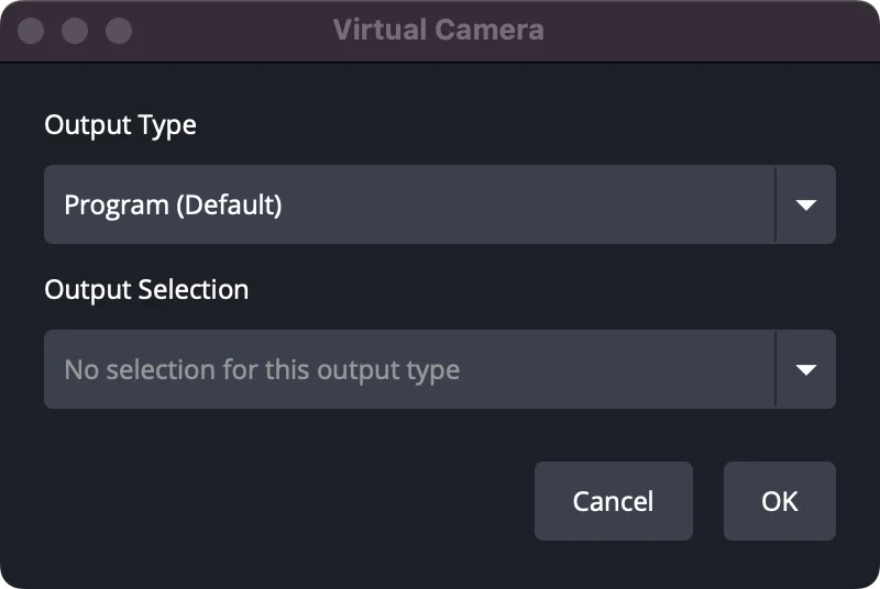 English OBS Virtual Camera settings dialog with Output Type set to Program Default.