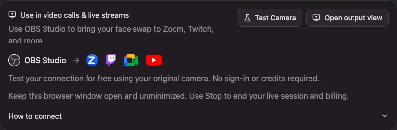 Use in video calls and live streams section with Test Camera, Open output view, and OBS, Zoom, Twitch, Google Meet, and YouTube logos.
