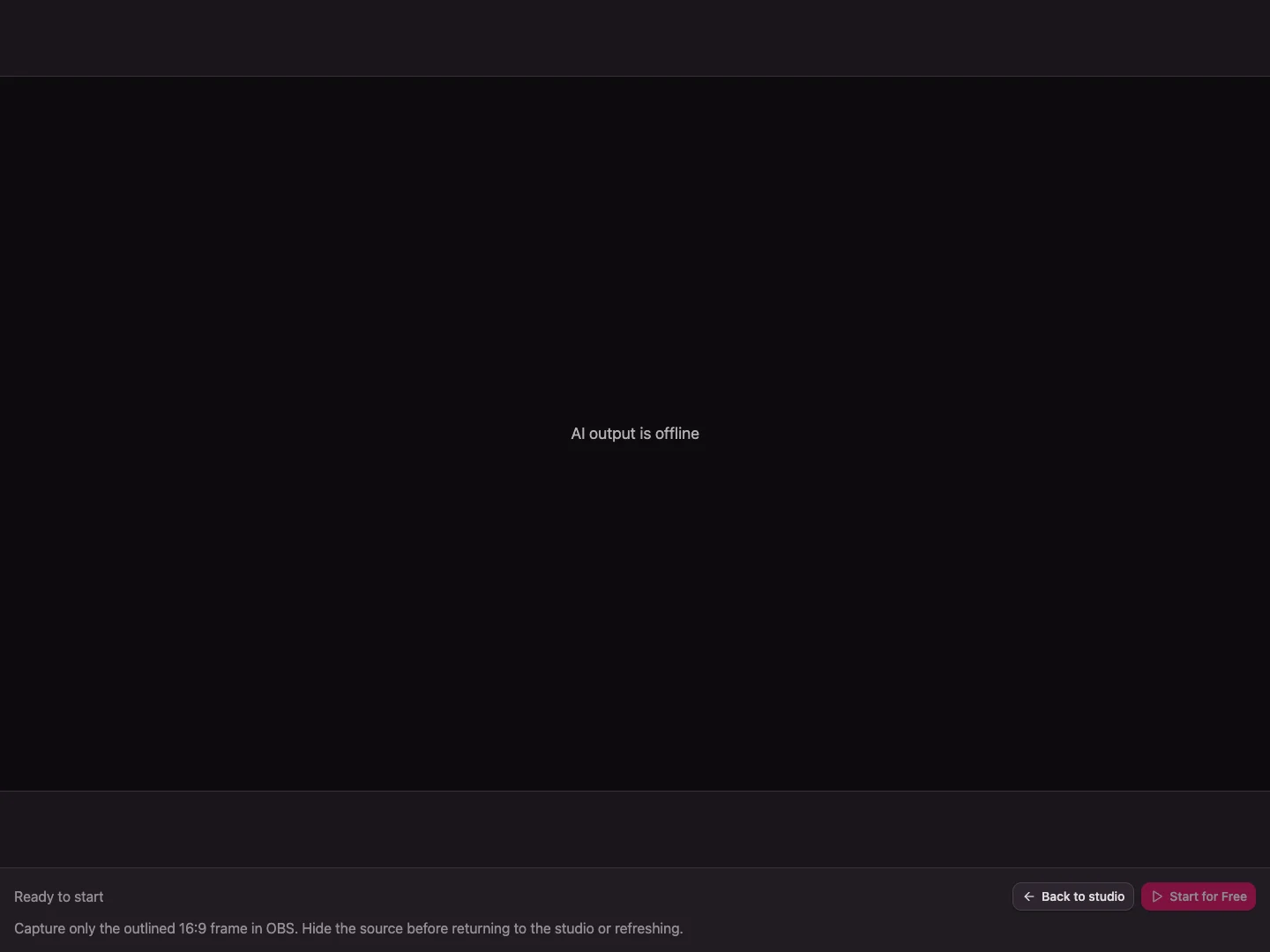 Browser output view showing the outlined 16:9 AI output is offline frame, with Back to studio and Start for Free controls below.