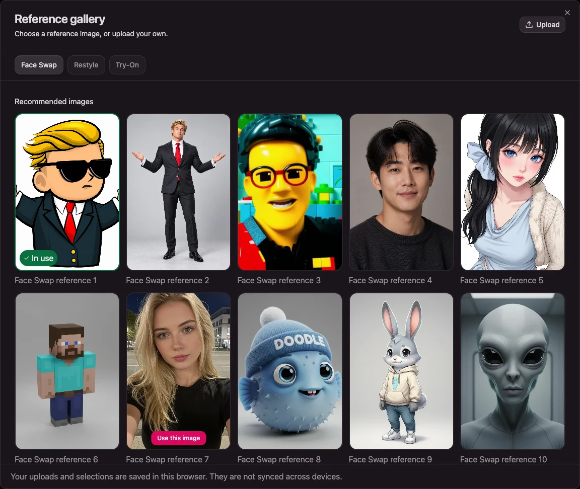 English reference gallery with Face Swap, Restyle, and Try-On tabs, reference thumbnails, and an Upload button.