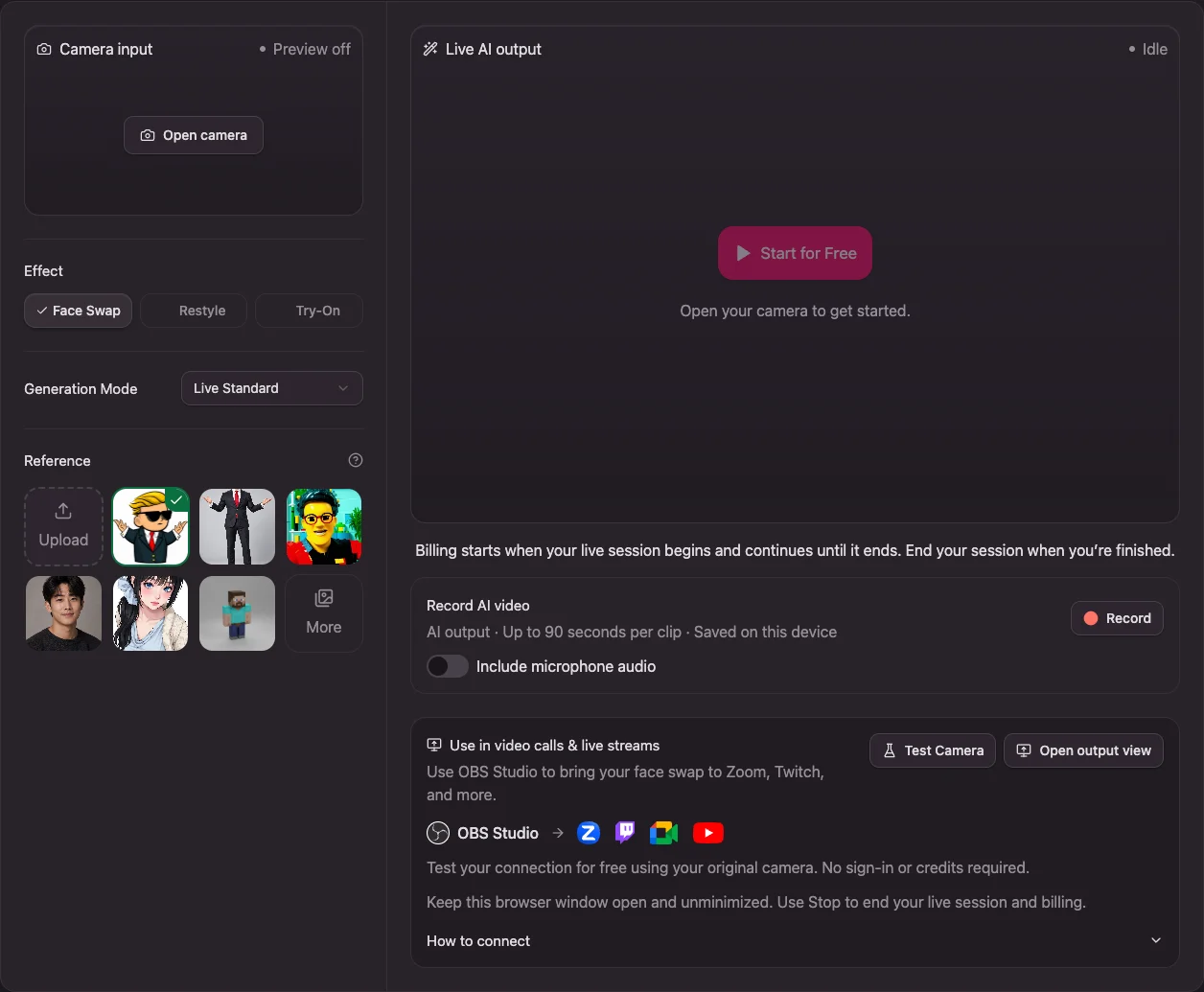 English browser studio with Camera input, Effect, Generation Mode, Reference, Live AI output, and the video calls and live streams section.