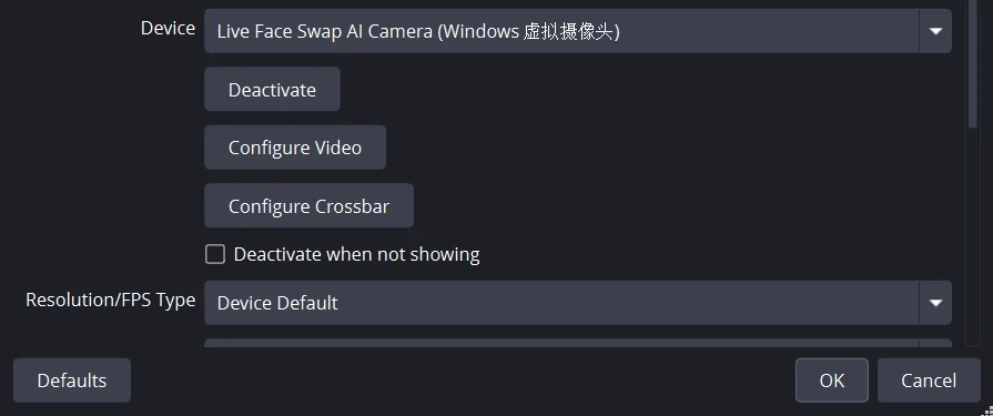 OBS Video Capture Device properties with Live Face Swap AI Camera selected in the Device dropdown.