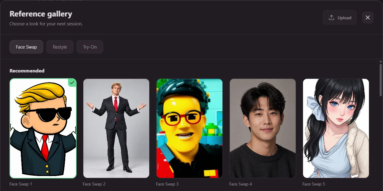 Reference gallery in the Windows client with built-in Face Swap looks and an Upload button.